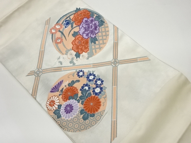 格天井に花丸文様織出し名古屋帯